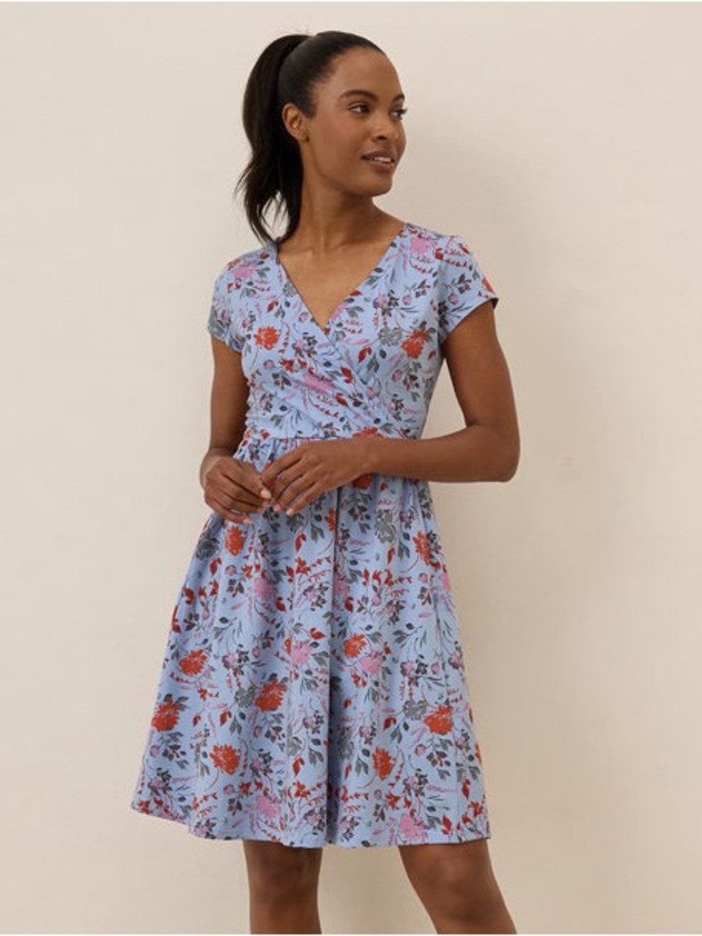 Pact Light Blue Floral Wrap Dress with Red and Pink Accents